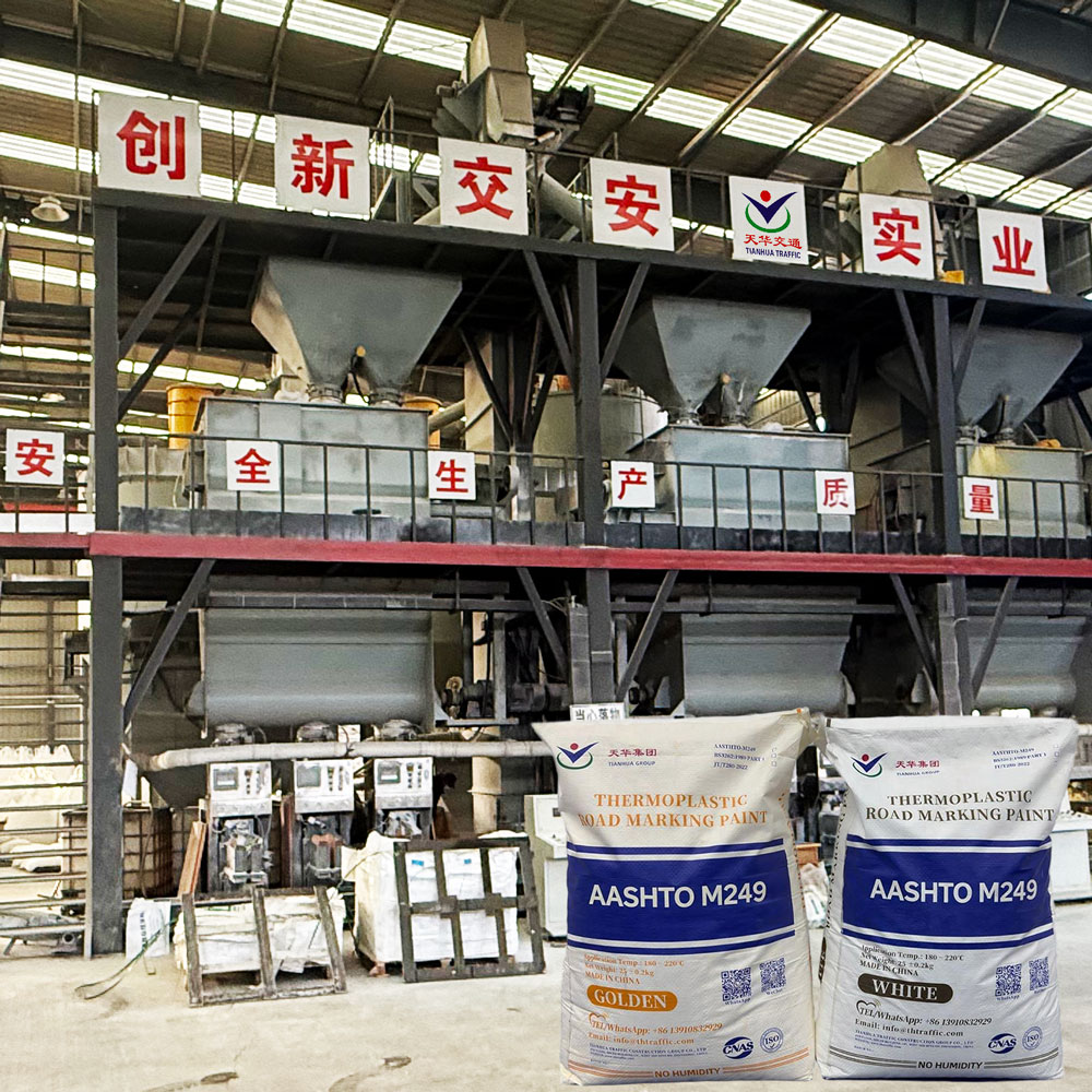 Thermoplastic road marking paint production and packaging at Tianhua Traffic Group