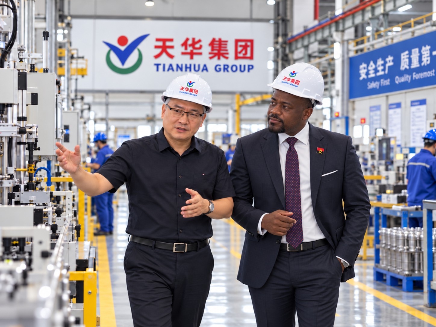 Factory Director Zhu explaining EN 1871 thermoplastic road marking paint to an Angolan customer