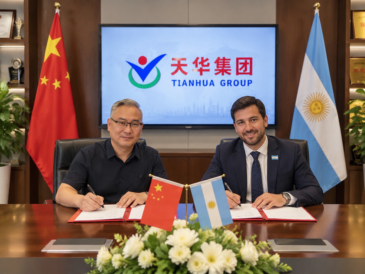 Tianhua General Manager Zhang Han and Foreign Trade Manager Alen Xie in an online technical meeting with an Argentine customer