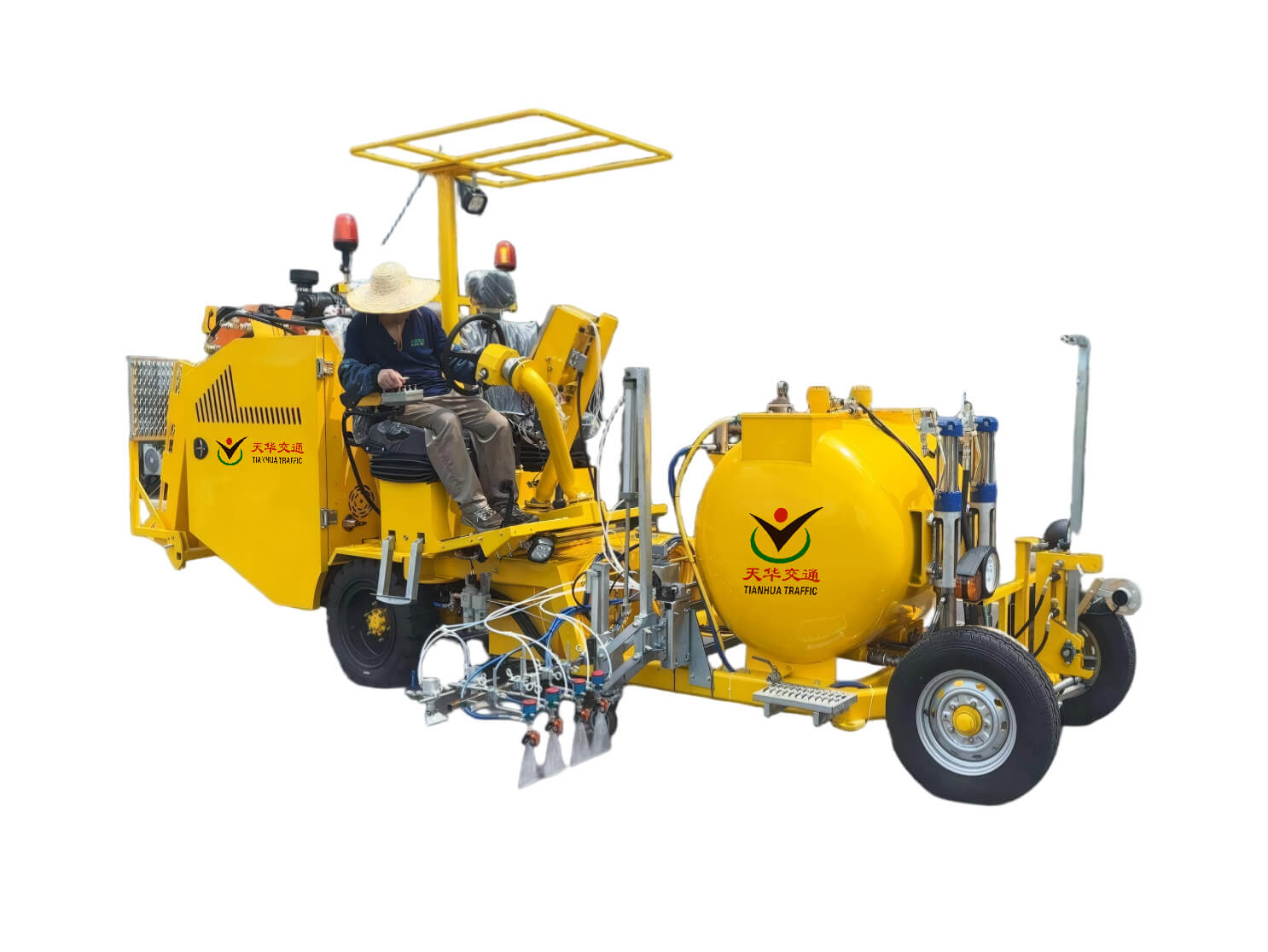 Ride-on two-component spray road marking machine