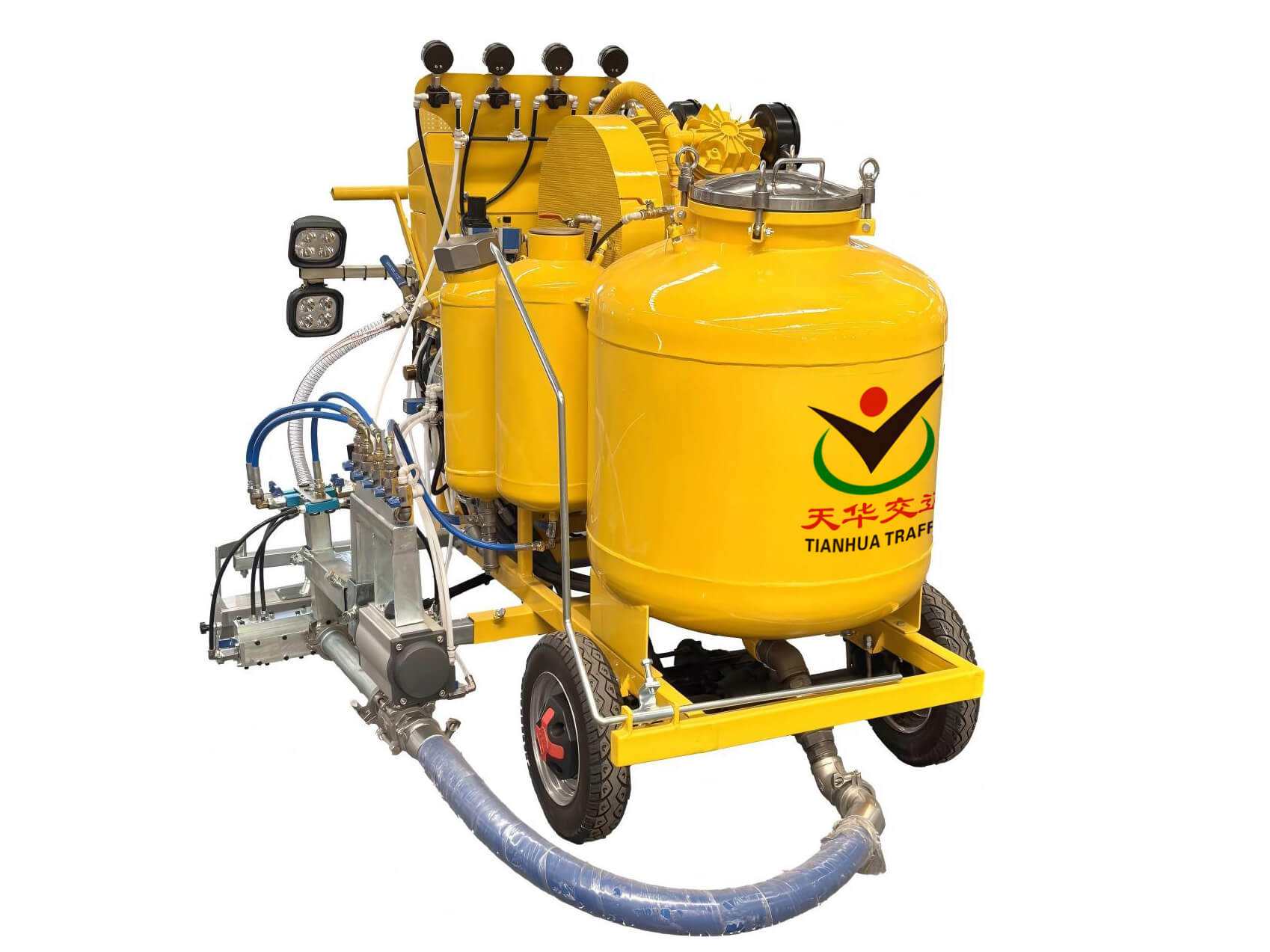 Two-component extrusion and dot line road marking machine